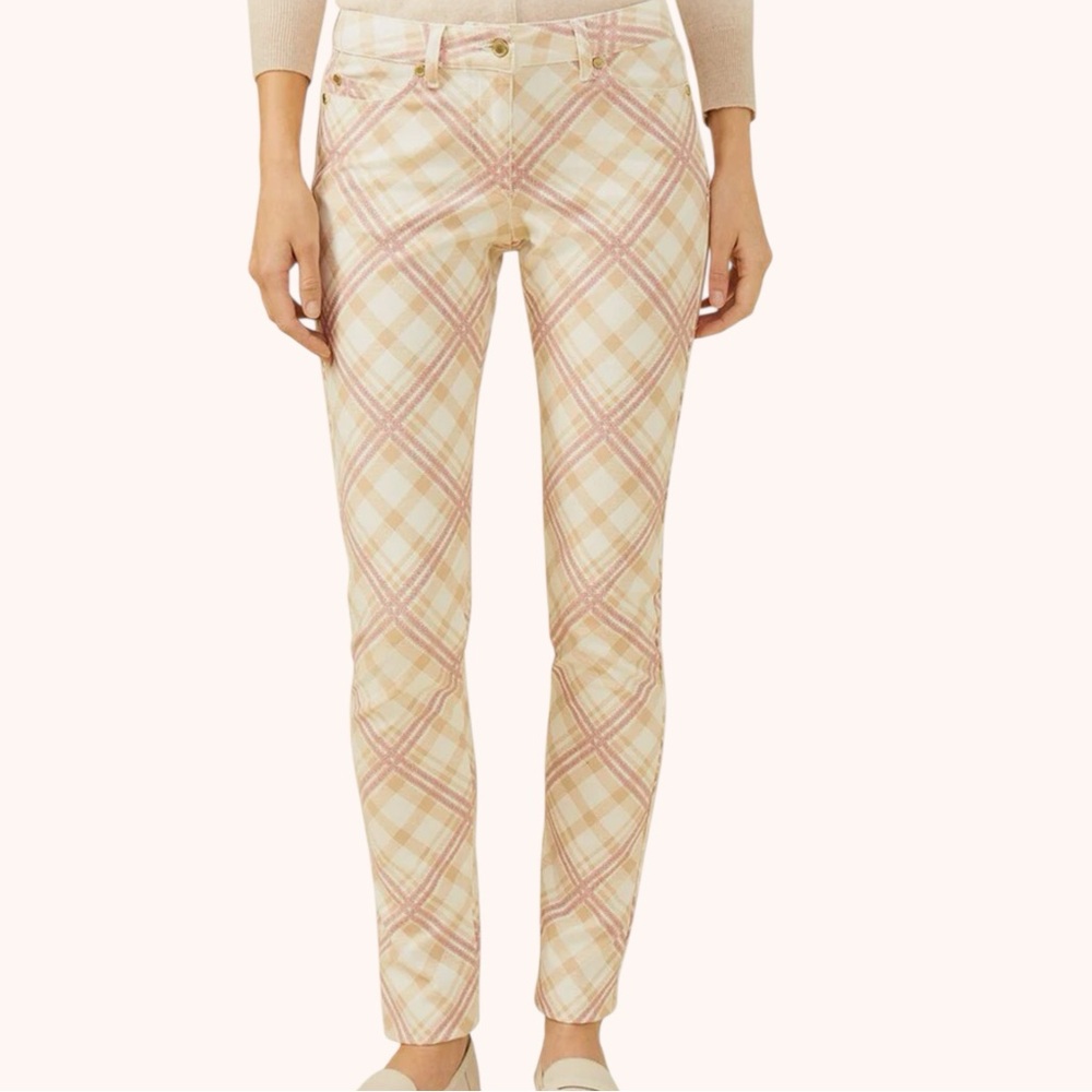 J.McLaughlin Lexi Jean NEW Plaid Pants 12 Cream Sand Mini Linked Chain Stretch